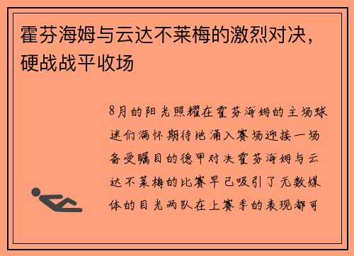 霍芬海姆与云达不莱梅的激烈对决，硬战战平收场